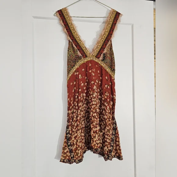 Free People East Willow Trapeze Slip Boho Mini Dress Bohemian Paisley Womens M - Picture 5 of 13